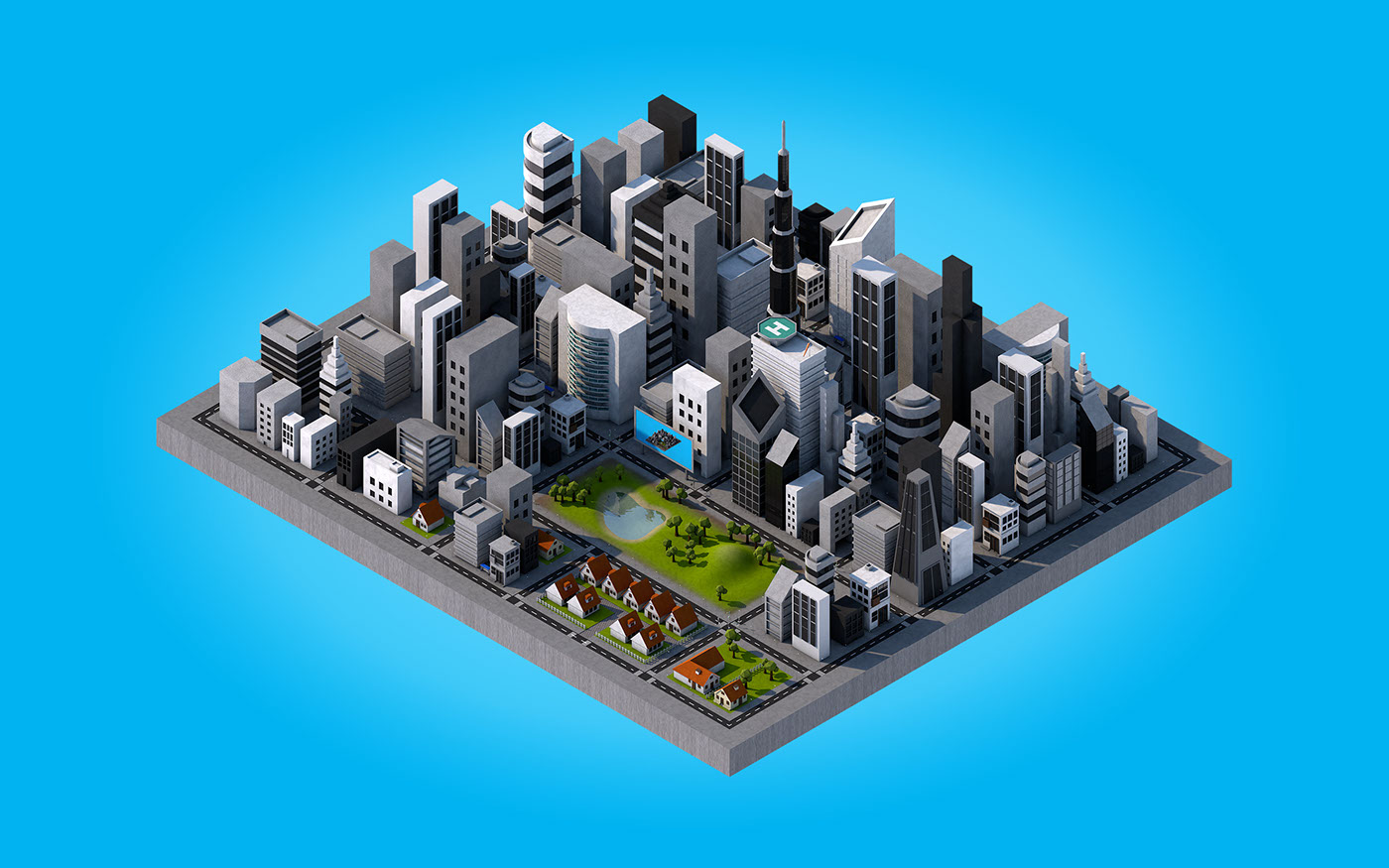 Imagem geral da cidade modelada em 3D em perspectiva isométrica. Contém predios, casas, um parque, entre outros elementos.