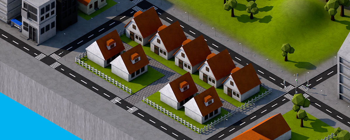 Detalhe da cidade. Mostra um pequeno condomínio com casinhas pré-fabricadas, dispostas uma ao lado da outra.