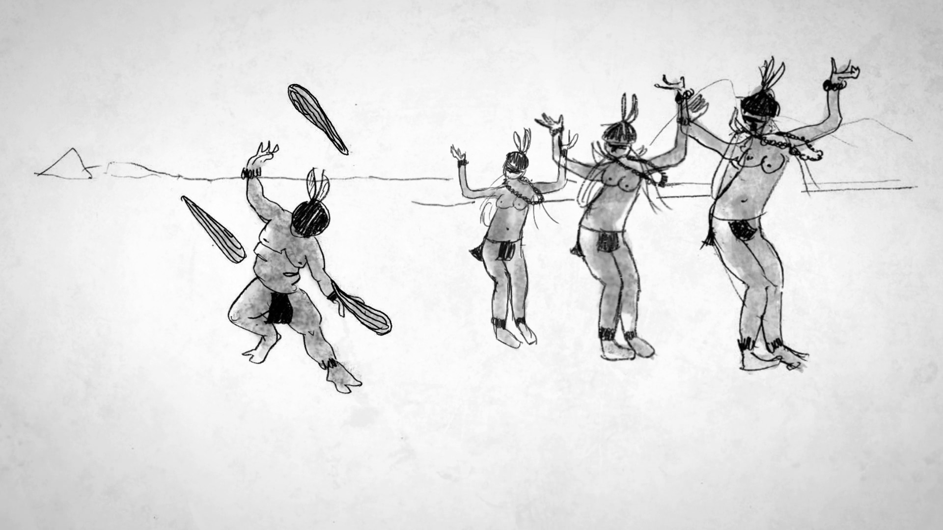 Quadro da animação. Um índio desenhado fazendo malabarismos com tacapes, enquanto três índias dançam ao seu lado.